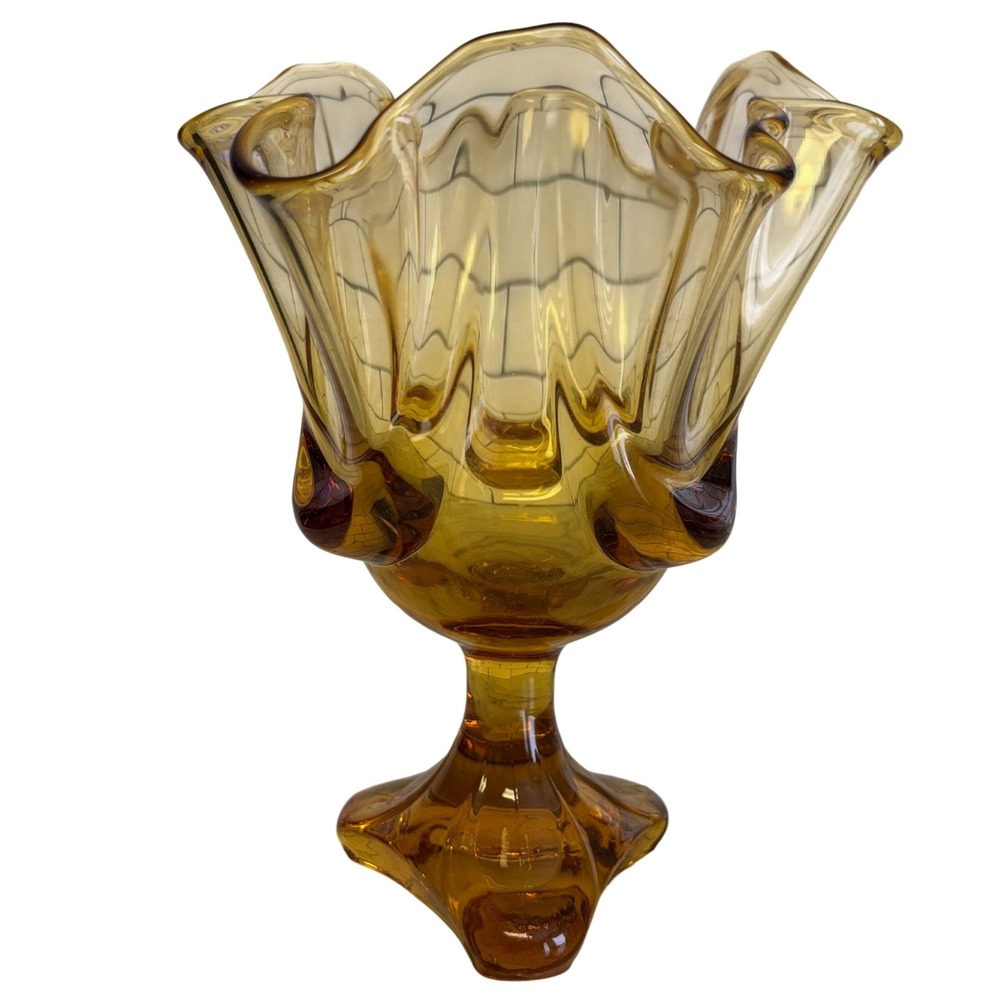 Viking Amber Glass Handkerchief Dish 8" Six Petal Pedestal Drape MCM